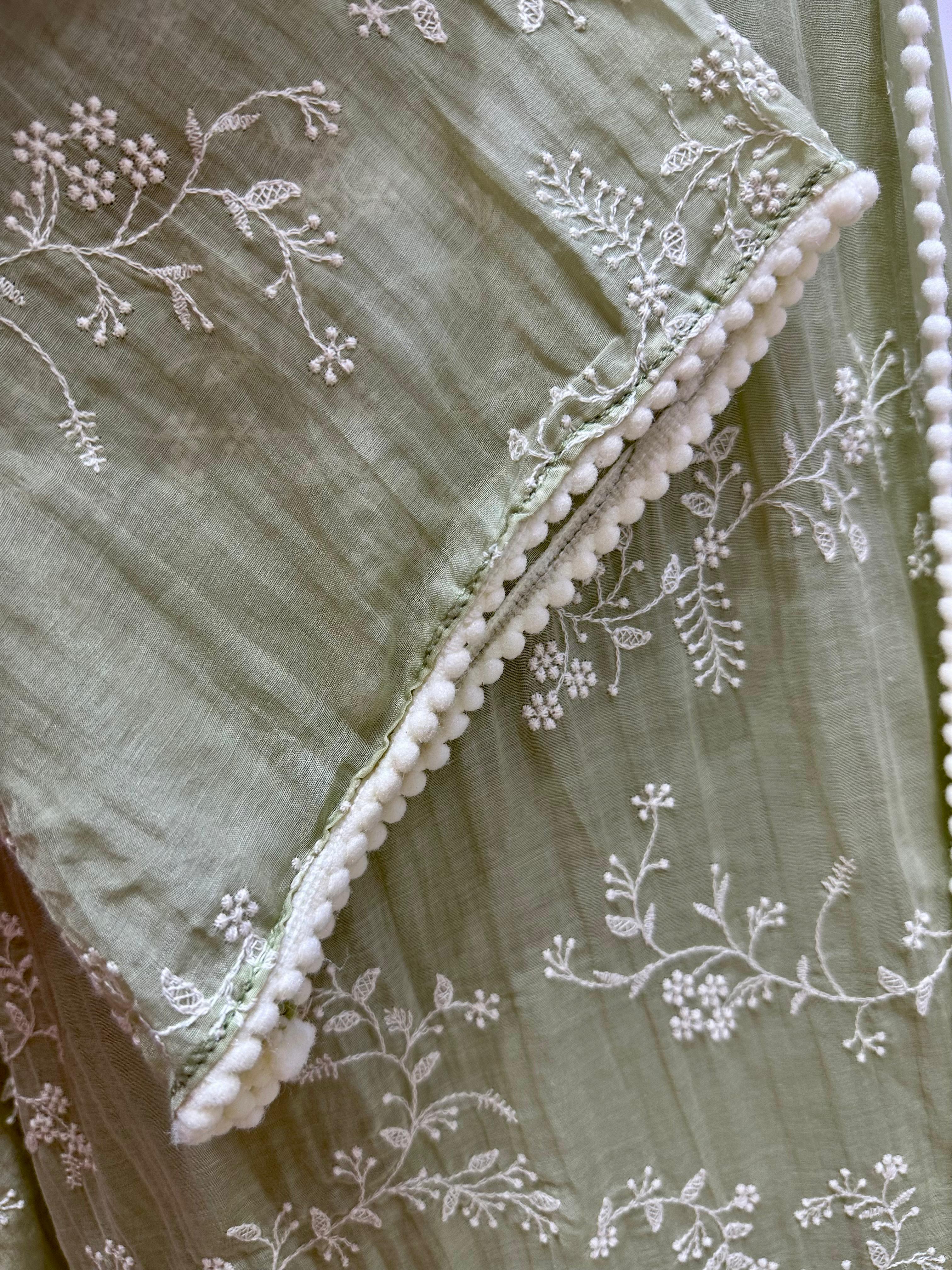 Embroidered Mul Chanderi A-line Suit- Pastel Green