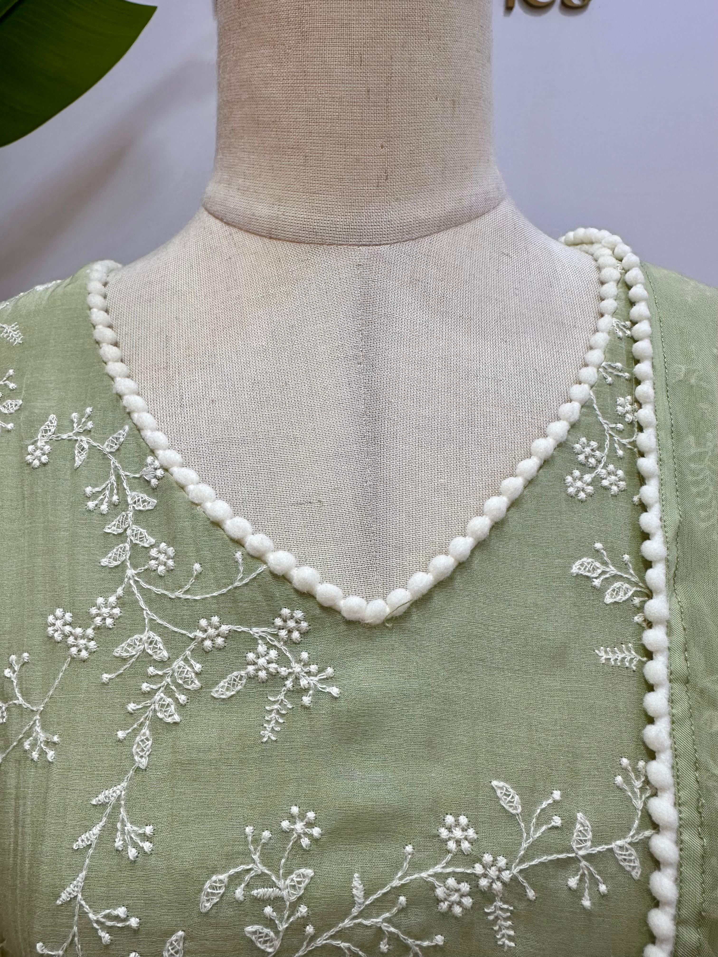 Embroidered Mul Chanderi A-line Suit- Pastel Green