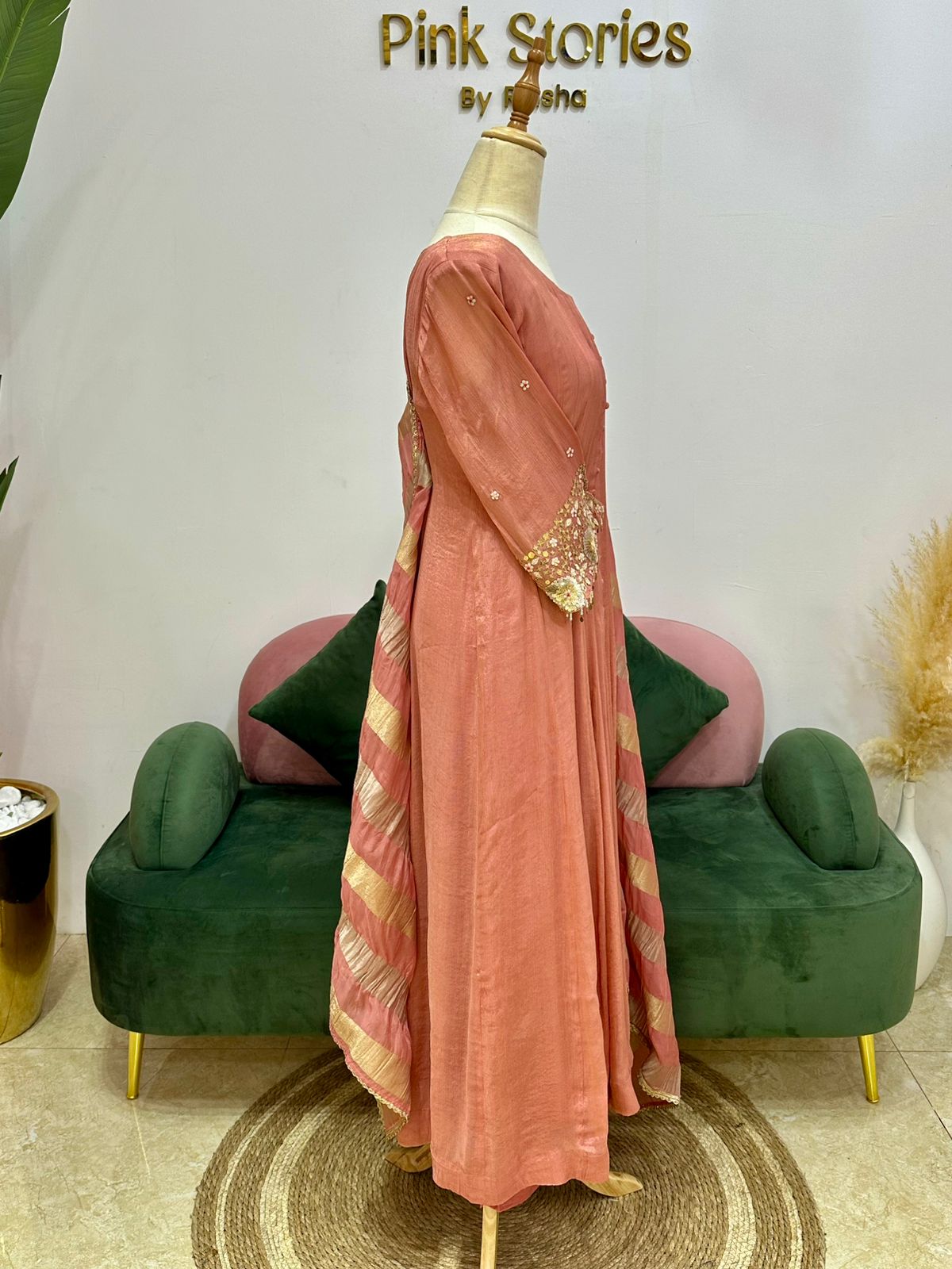 Handworked panel cut anarkali suit-peach pink