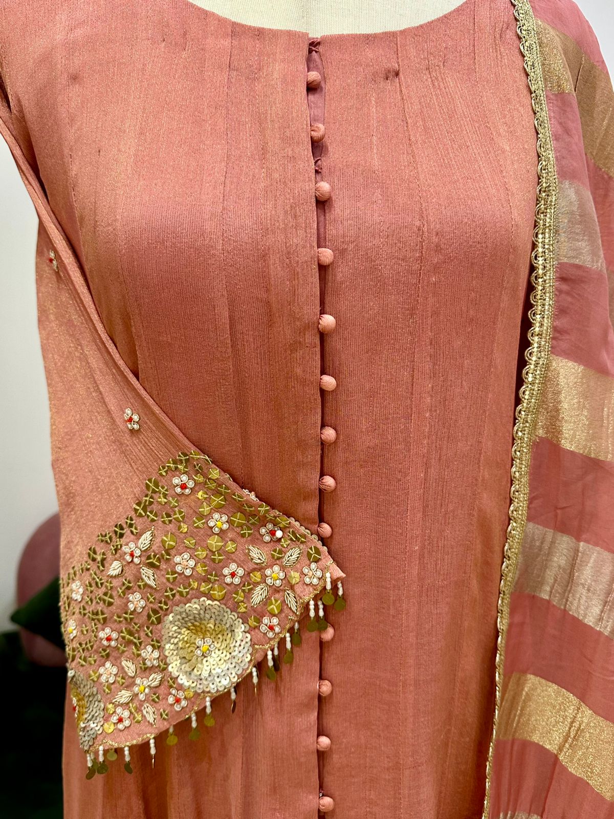 Handworked panel cut anarkali suit-peach pink