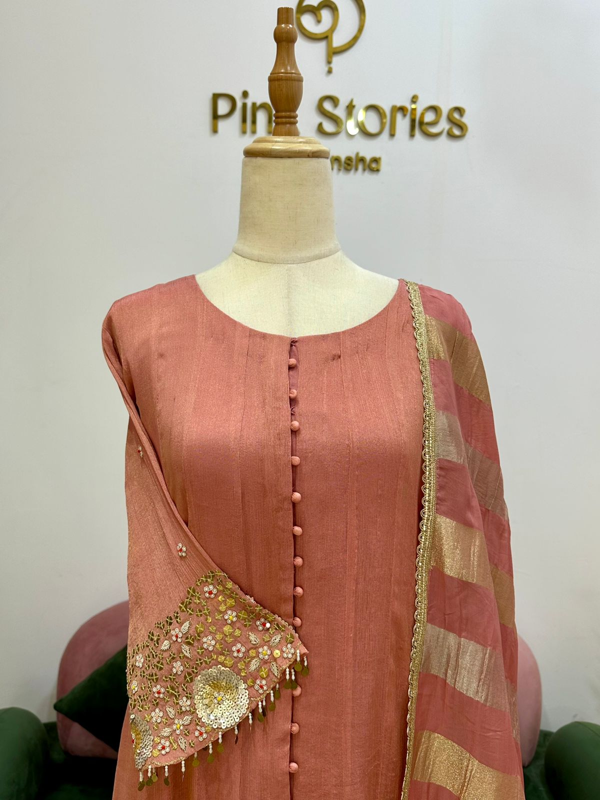 Handworked panel cut anarkali suit-peach pink