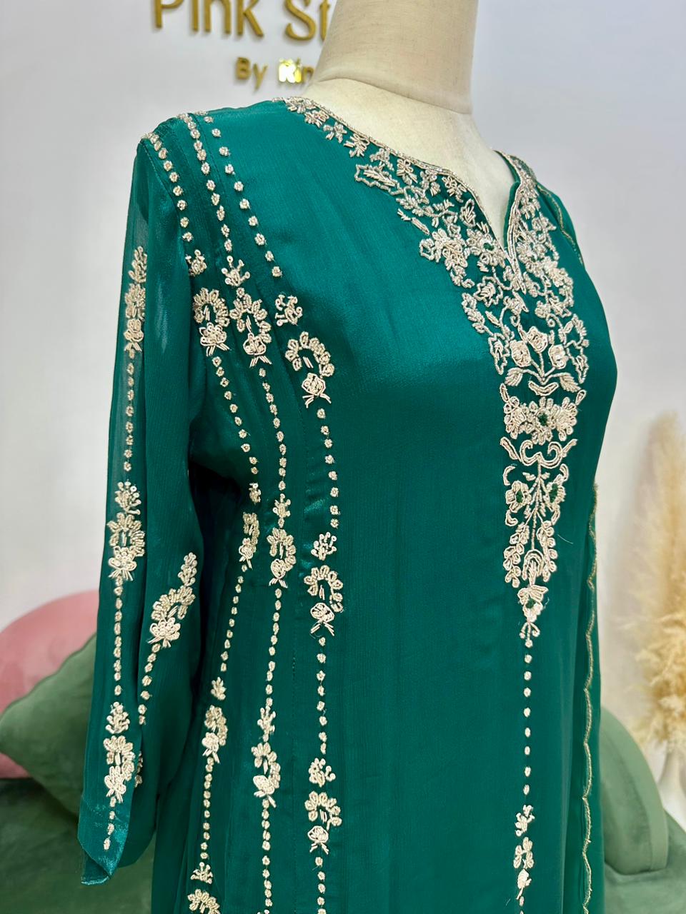 Handworked Panel Cut Anarkali Suit- Peacock Green