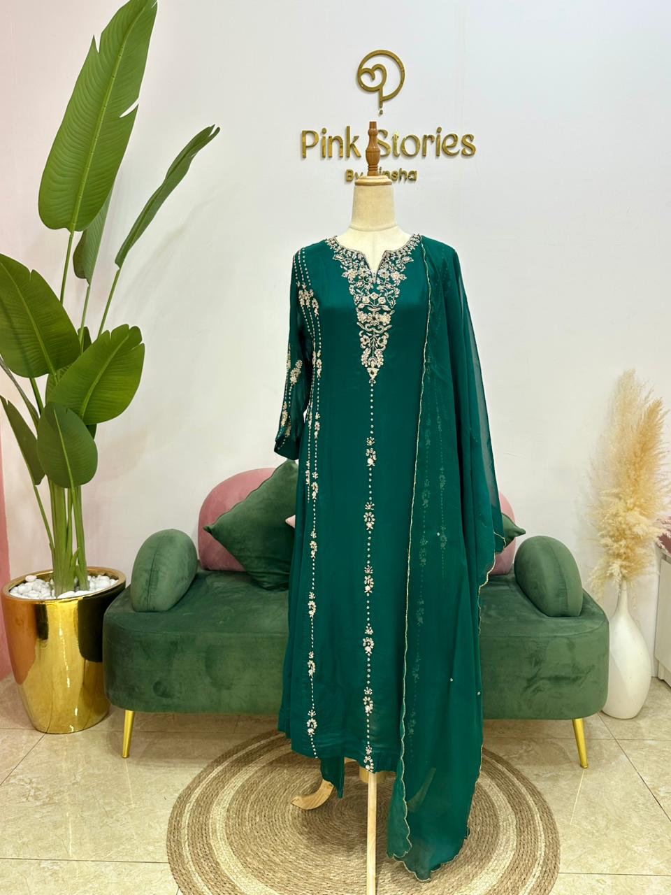 Handworked Panel Cut Anarkali Suit- Peacock Green