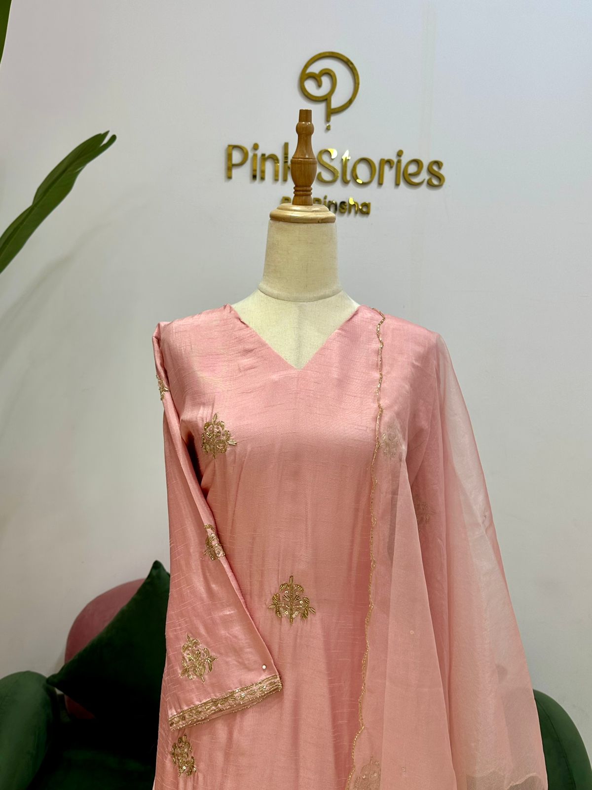 Handworked Dola Silk A-line Suit- Pastel Pink