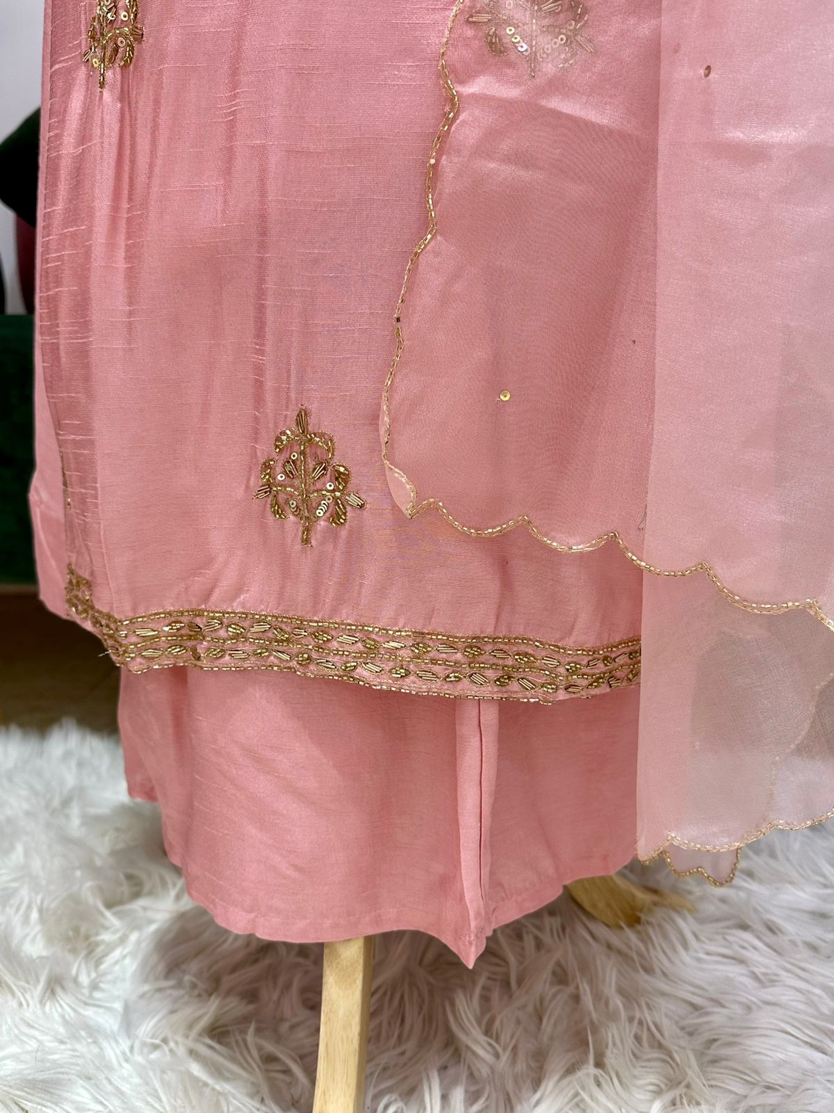 Handworked Dola Silk A-line Suit- Pastel Pink