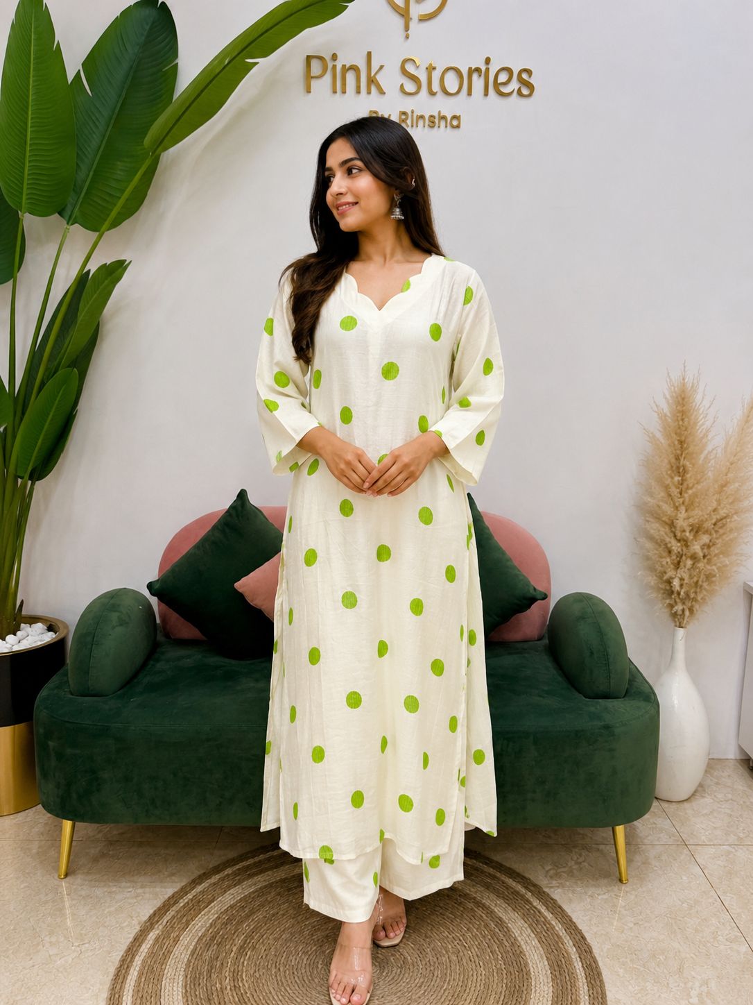 Polka Dot 2Pc Imported Cotton Co-Ord Set - Off White
