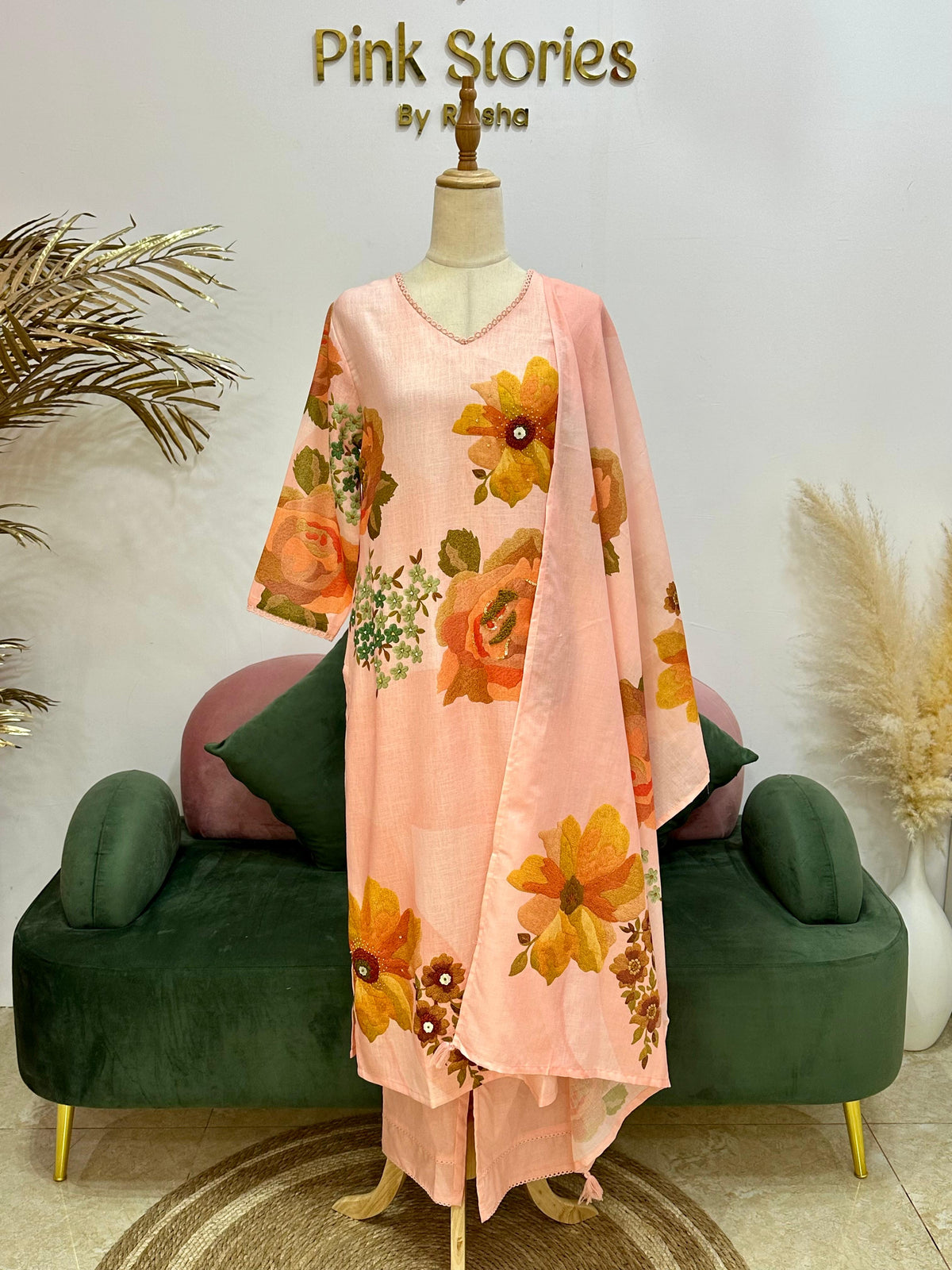 Digital print linen salwar suit- Peachy pink