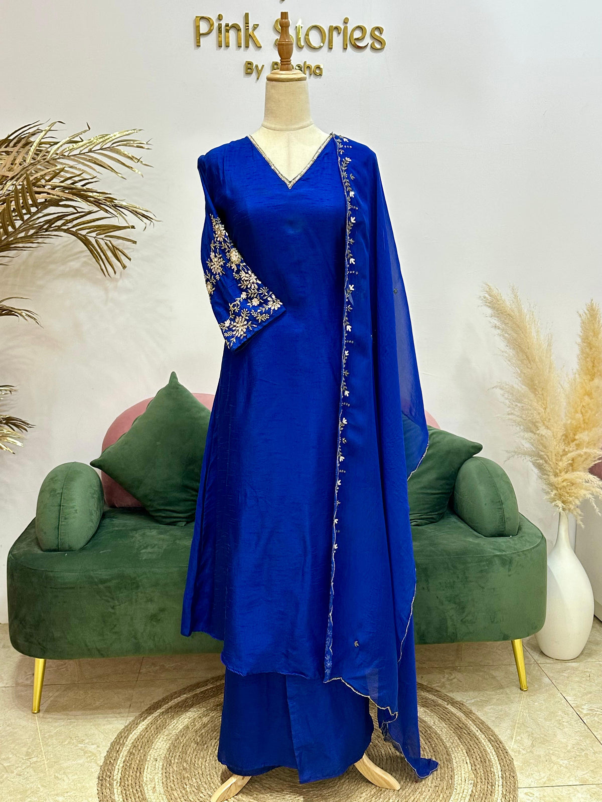 Handworked Raw Silk A-line Suit- Royal Blue