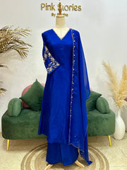 Handworked Raw Silk A-line Suit- Royal Blue
