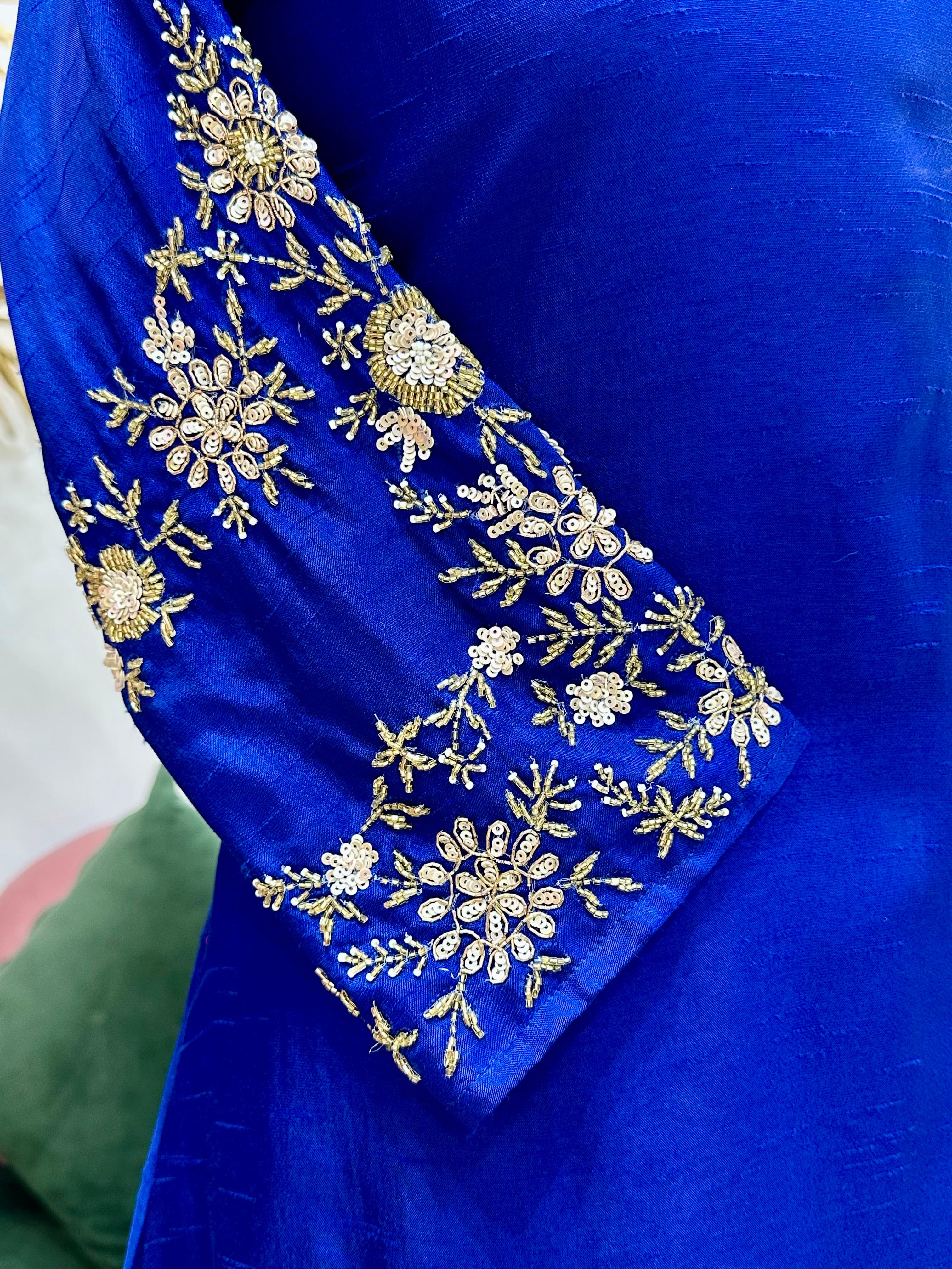 Handworked Raw Silk A-line Suit- Royal Blue