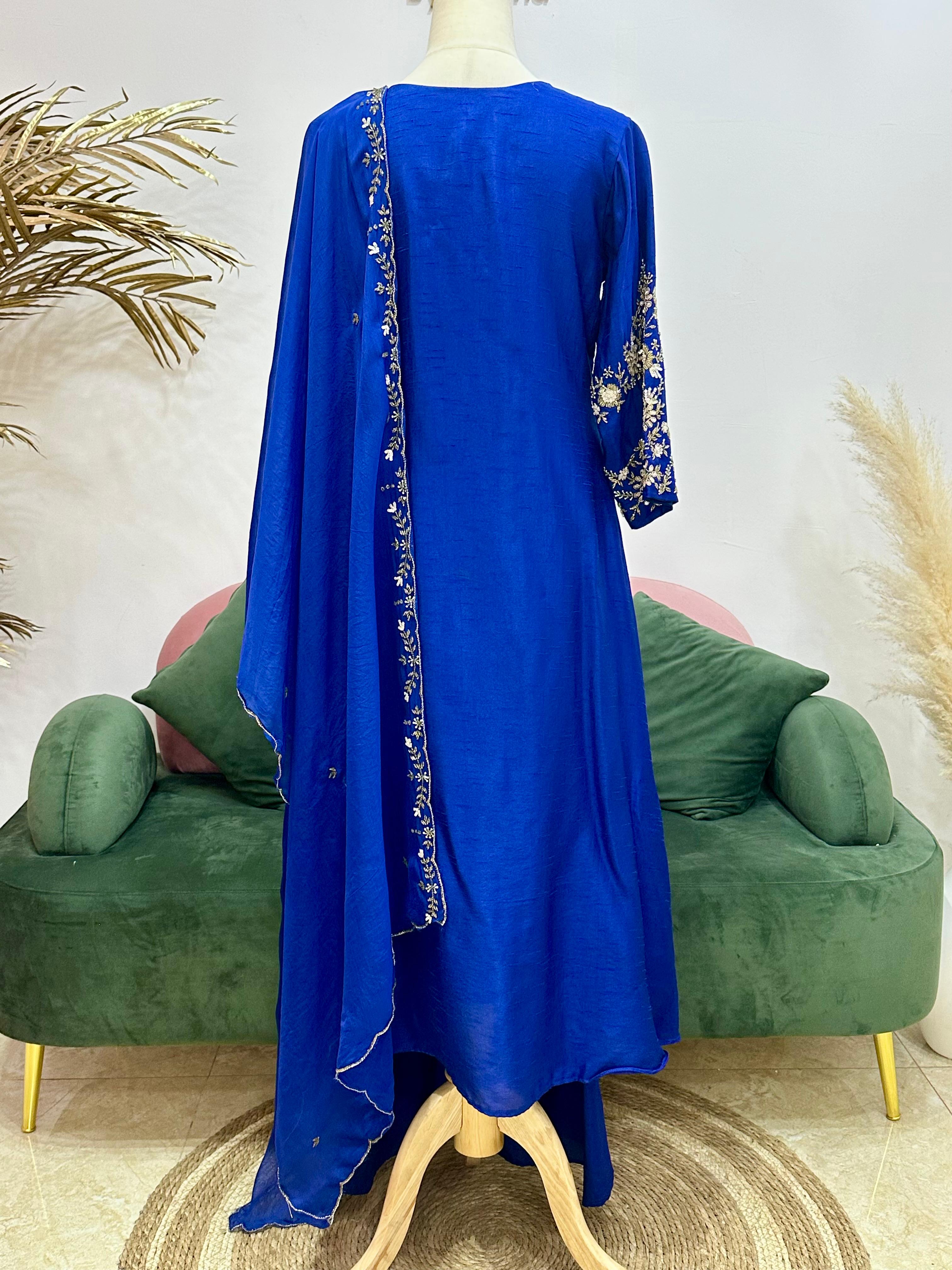 Handworked Raw Silk A-line Suit- Royal Blue