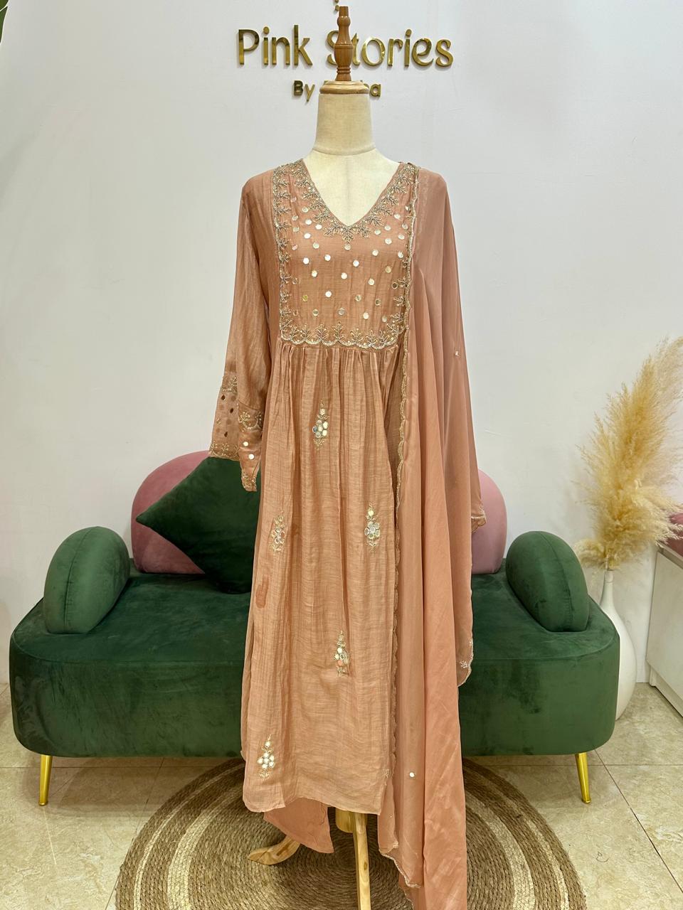 Handworked Mul Chanderi A-line Suit- Rose gold