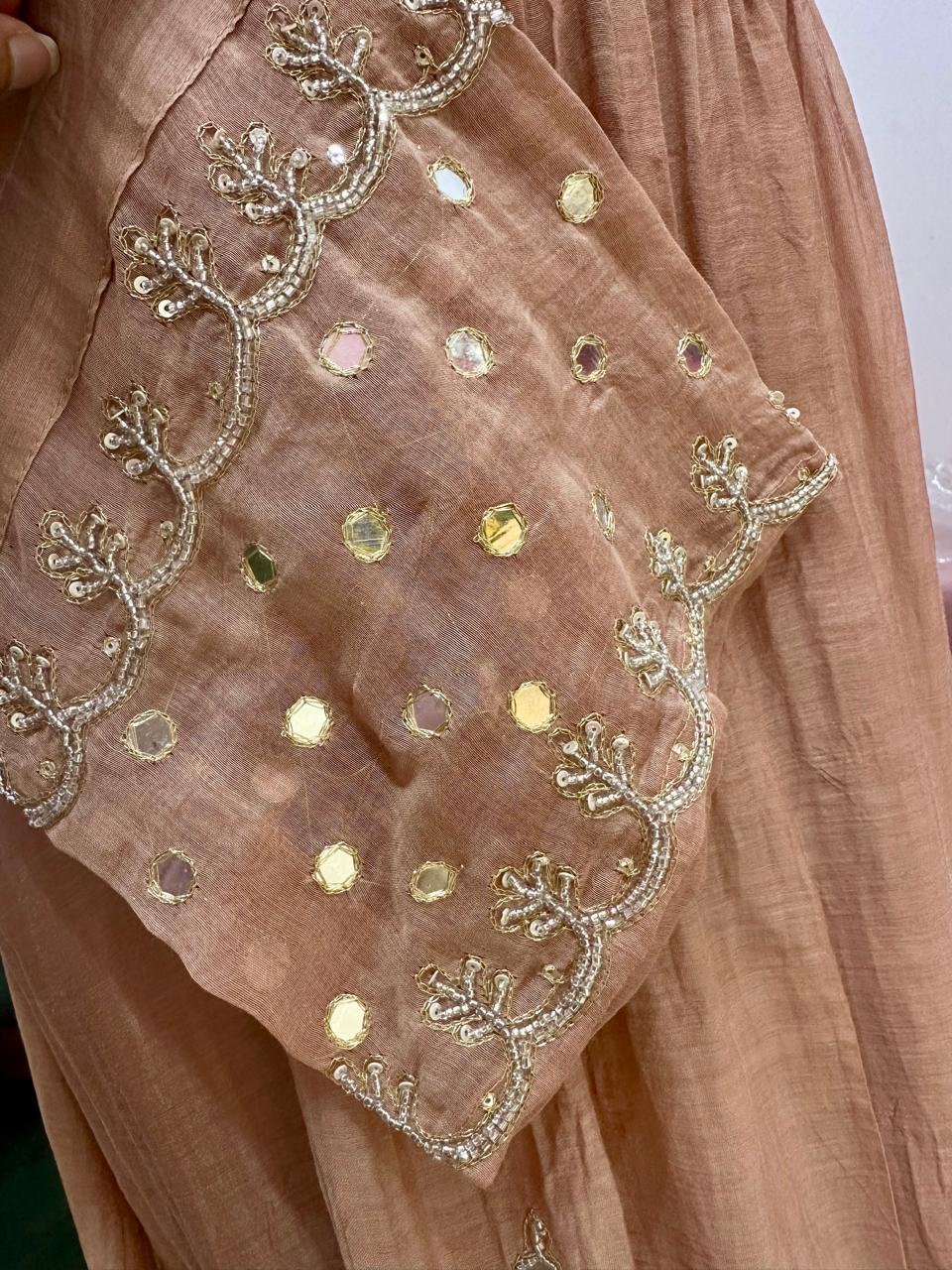Handworked Mul Chanderi A-line Suit- Rose gold