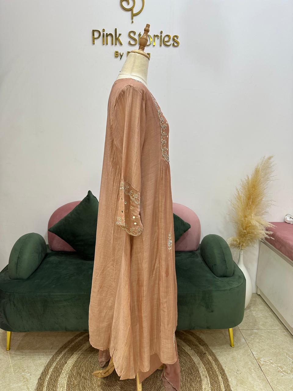 Handworked Mul Chanderi A-line Suit- Rose gold