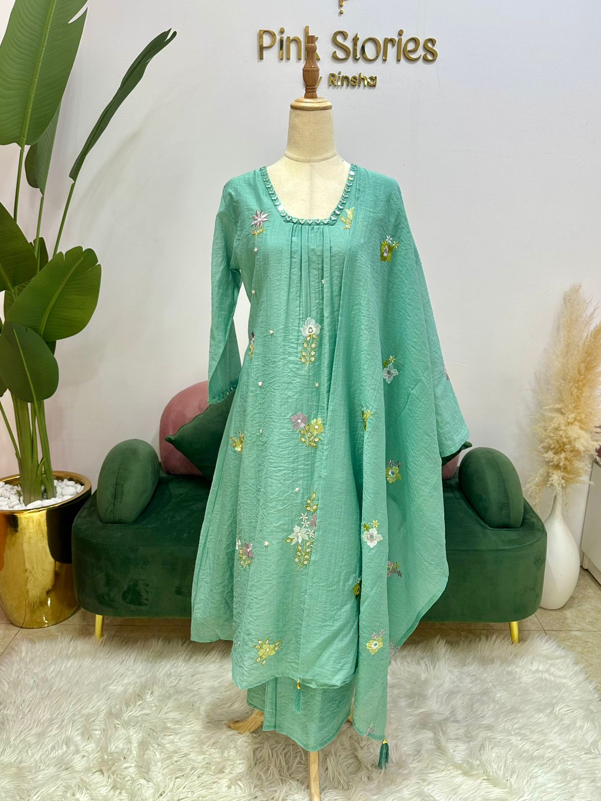 Embroidered Mul Chanderi A-line Suit- Sea Green