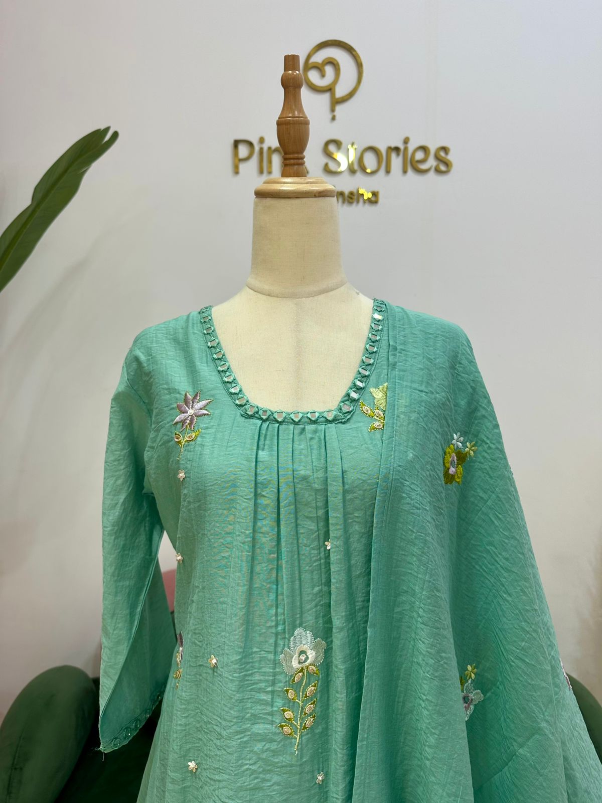 Embroidered Mul Chanderi A-line Suit- Sea Green