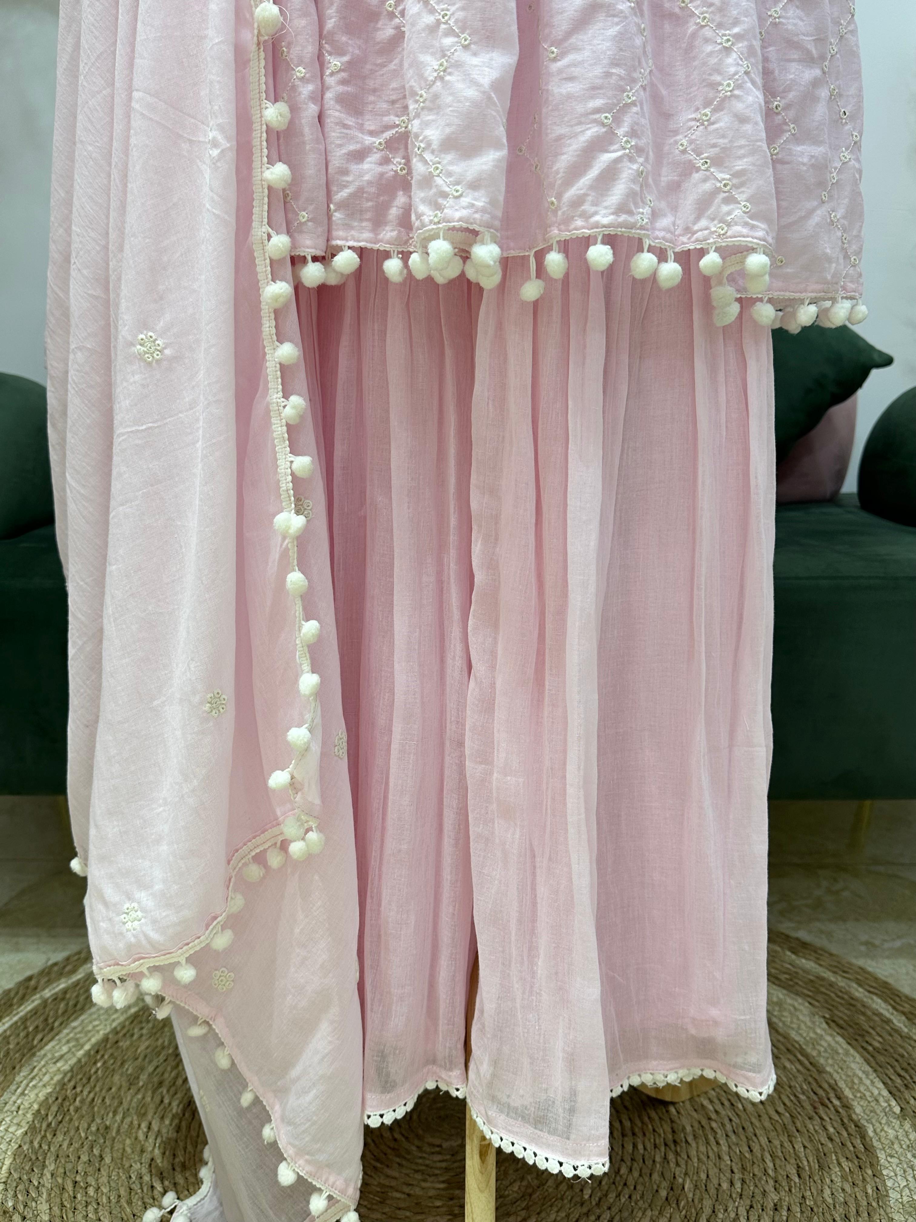 Soft Pink Mul Cotton Angrakha Sharara Set