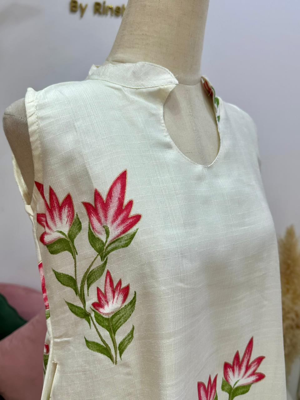 Printed 2Pc Imported Cotton Co-Ord Set- Off White
