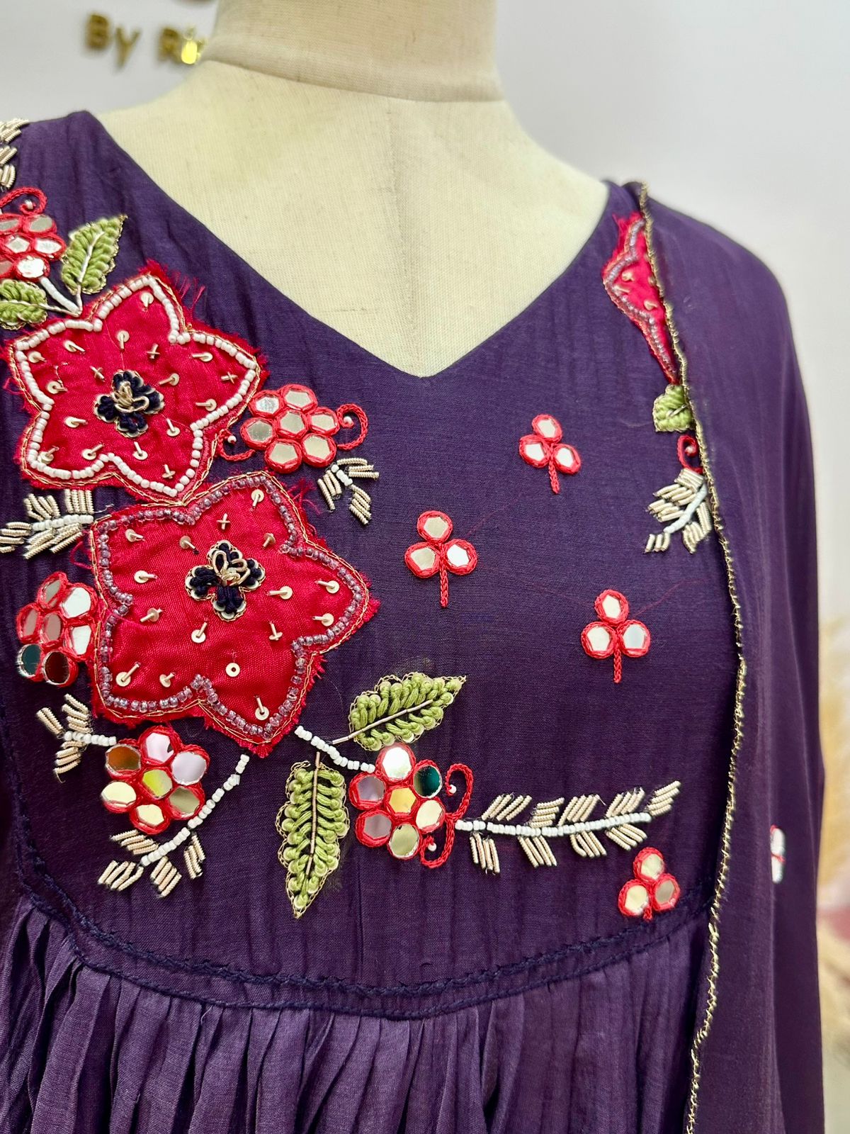Handworked panel cut anarkali suit-violet