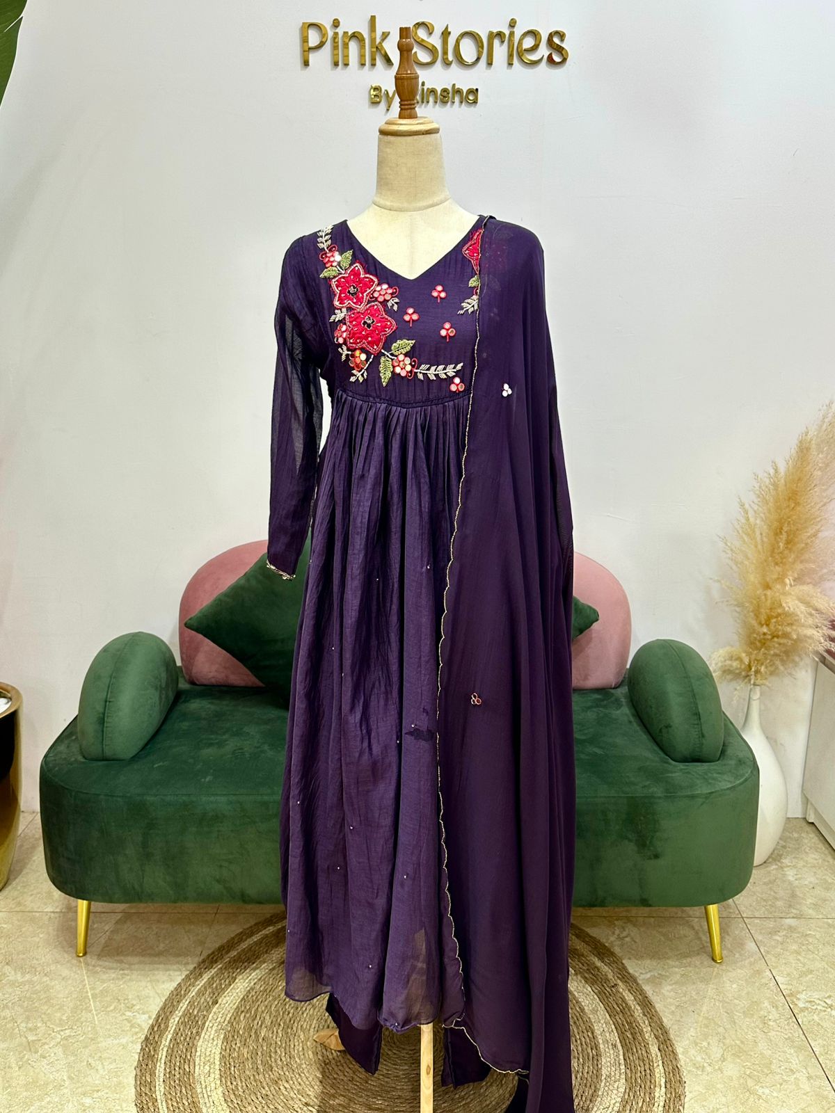 Handworked panel cut anarkali suit-violet