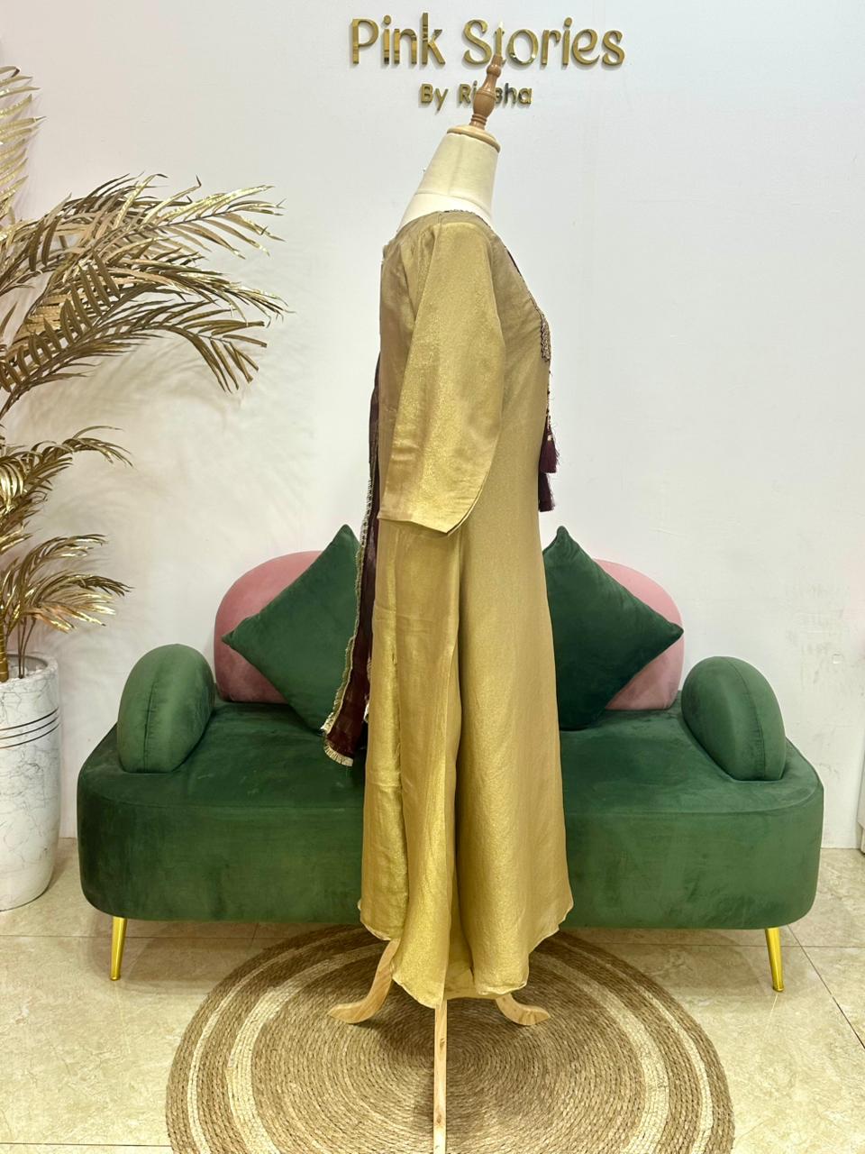 Tissue silk A-line Suit- copper golden + beetroot