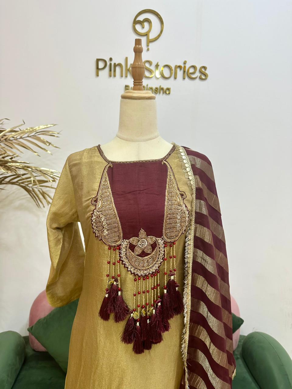 Tissue silk A-line Suit- copper golden + beetroot