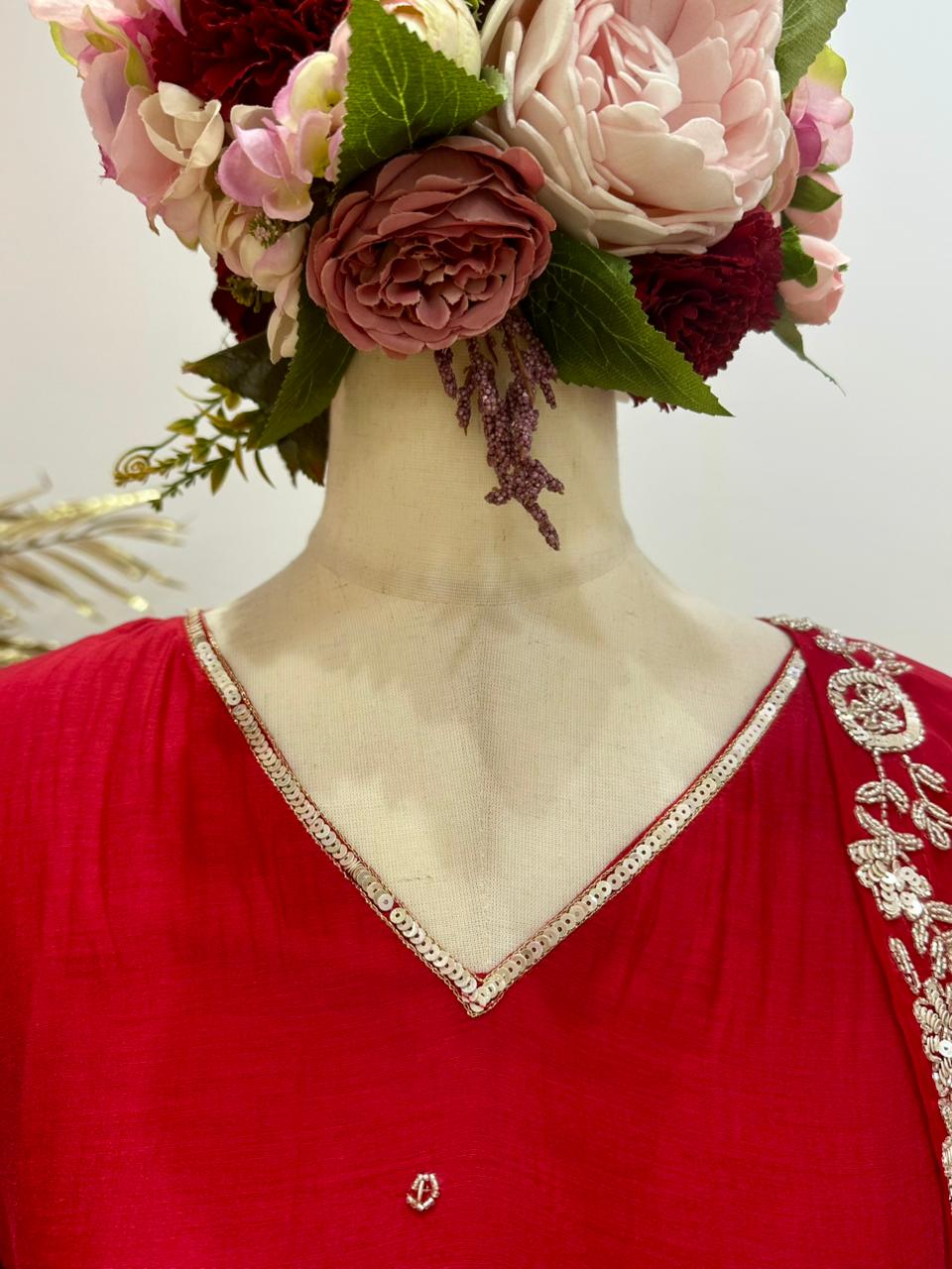 Handworked mul chanderi A-line suit- Red