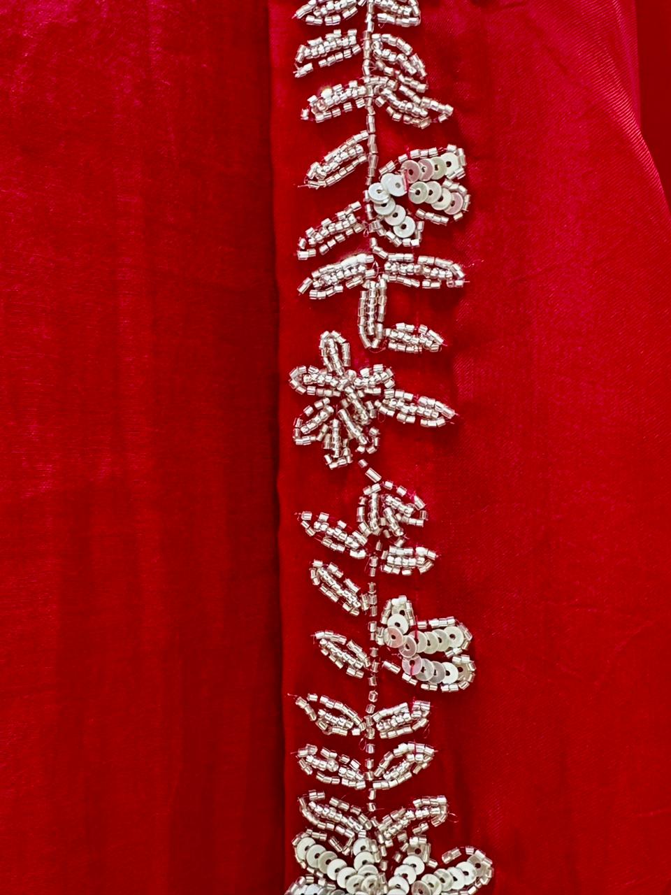Handworked mul chanderi A-line suit- Red