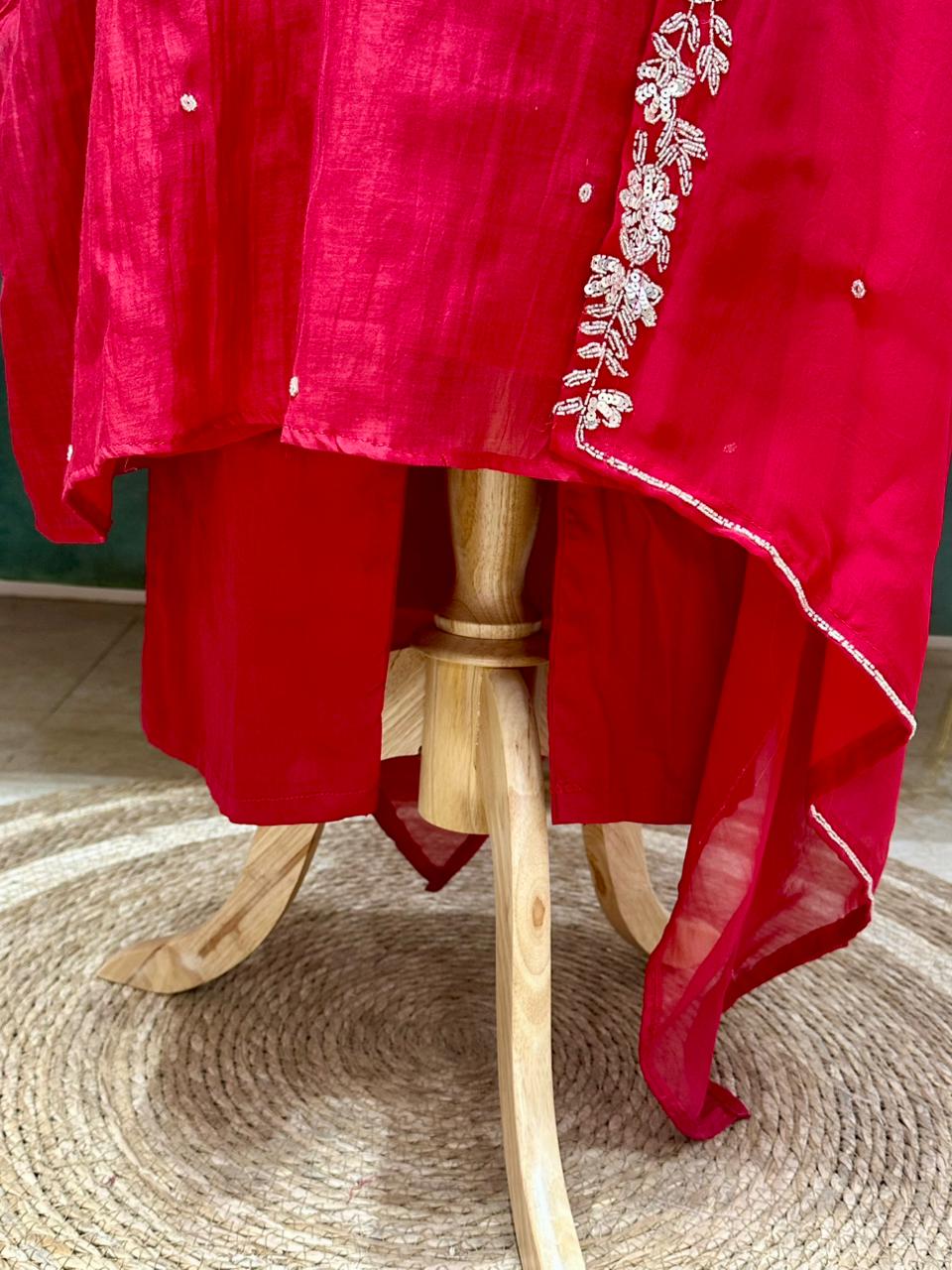 Handworked mul chanderi A-line suit- Red