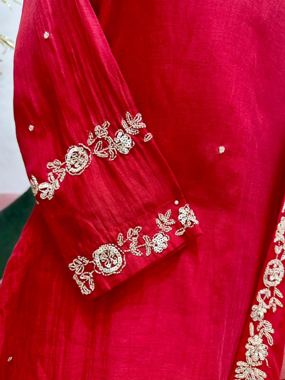 Handworked mul chanderi A-line suit- Red