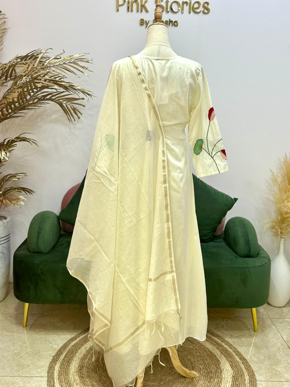 Appliqué work mul chanderi A-line suit- Off White