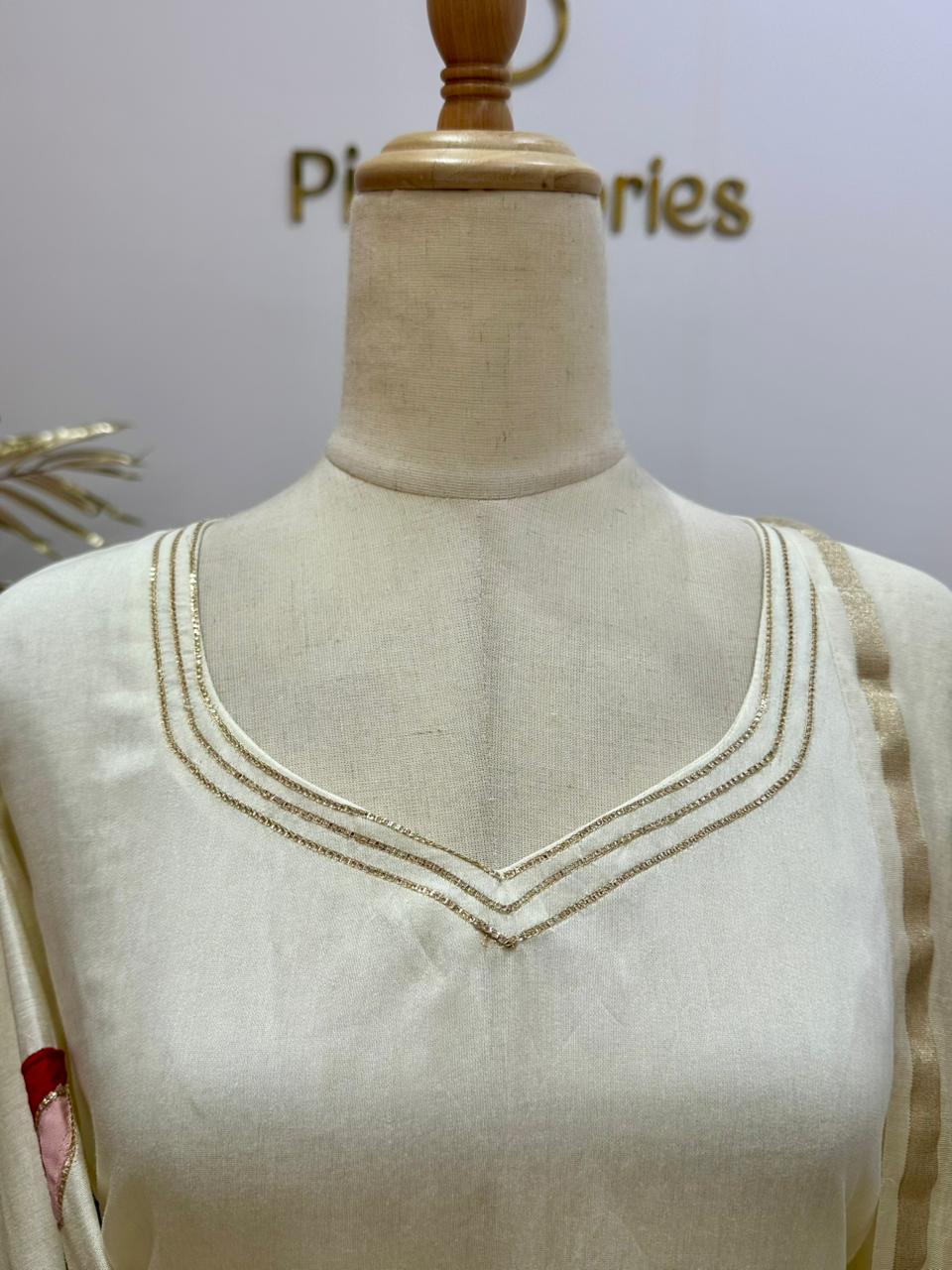 Appliqué work mul chanderi A-line suit- Off White