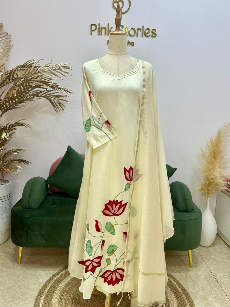 Appliqué work mul chanderi A-line suit- Off White