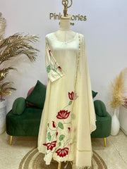 Appliqué work mul chanderi A-line suit- Off White