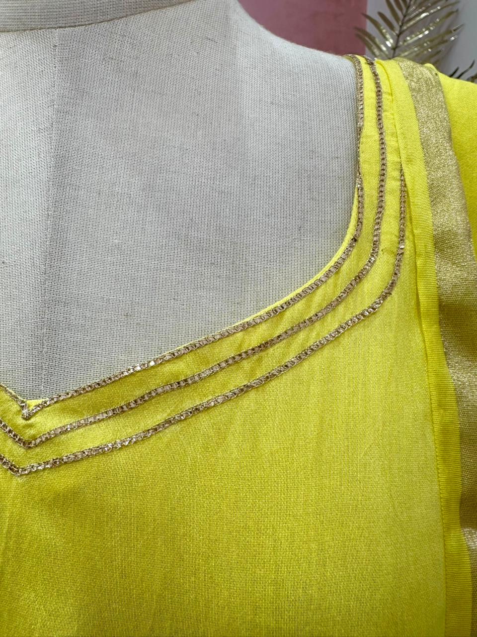 Appliqué work mul chanderi A-line suit- Yellow