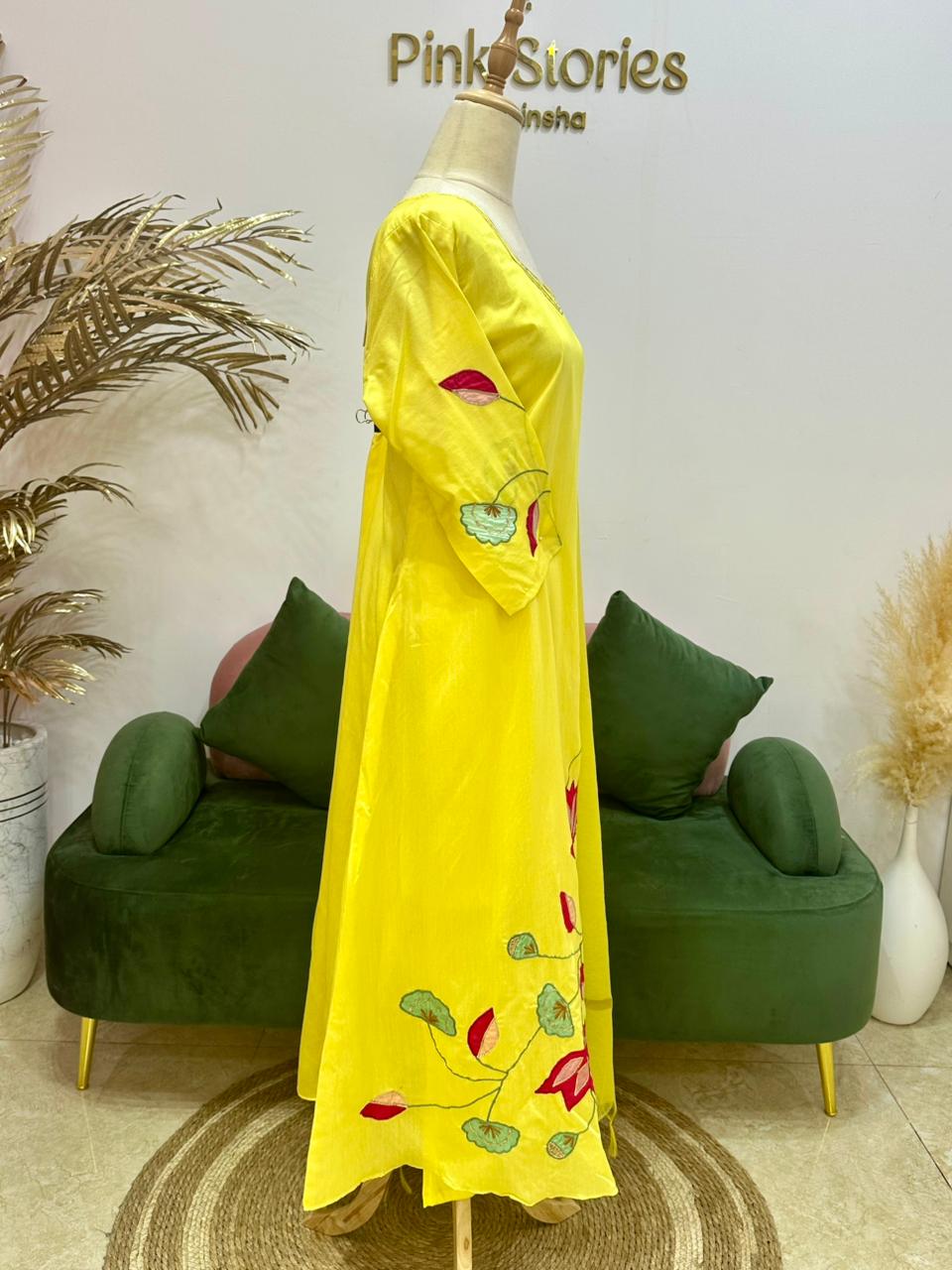 Appliqué work mul chanderi A-line suit- Yellow