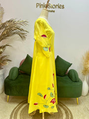 Appliqué work mul chanderi A-line suit- Yellow