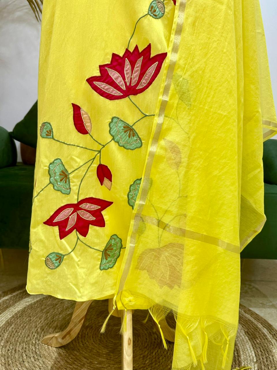 Appliqué work mul chanderi A-line suit- Yellow