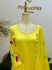 Appliqué work mul chanderi A-line suit- Yellow