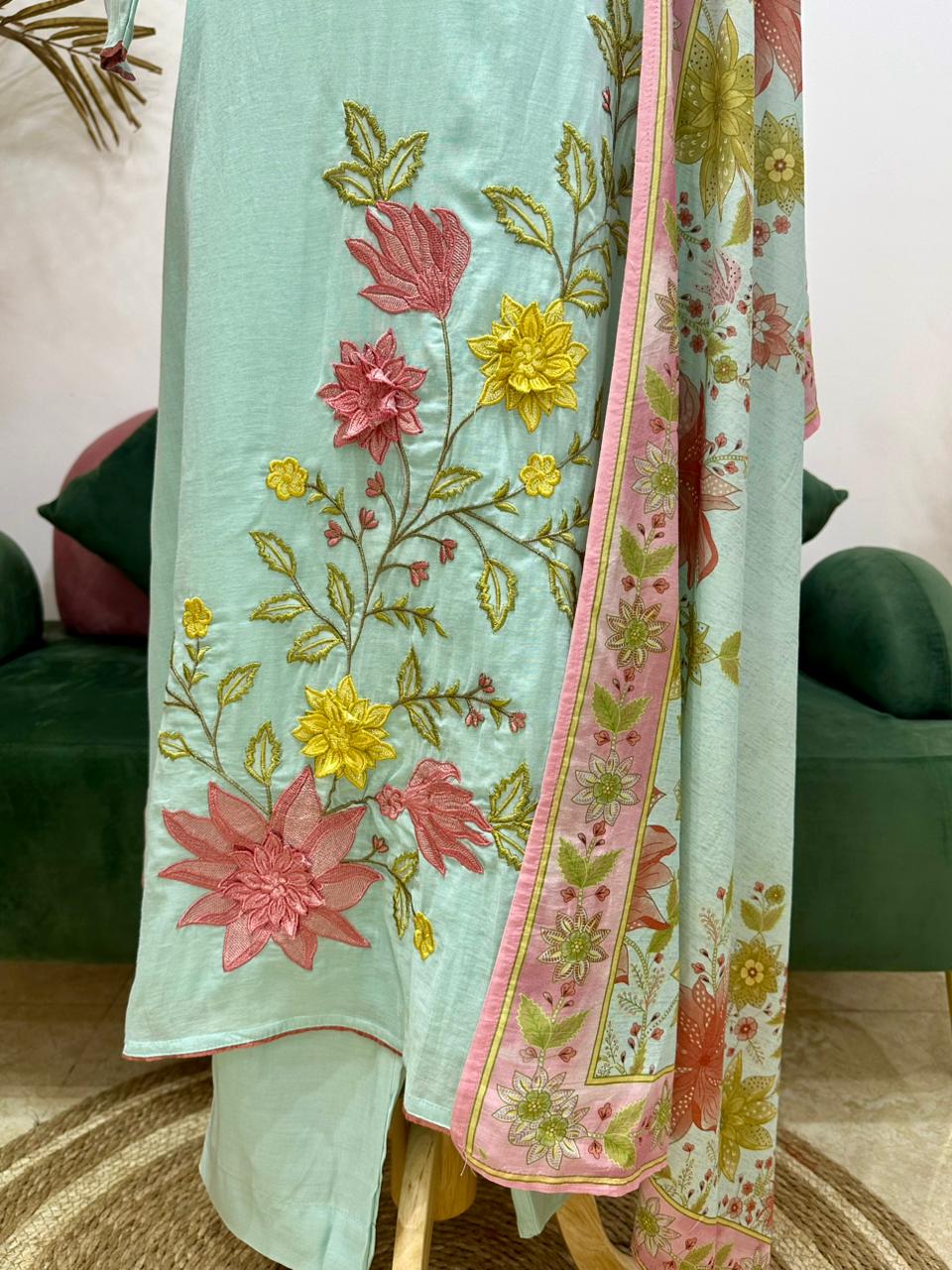 Mul Chanderi Appliqué Work Salwar Suit – Sky Blue