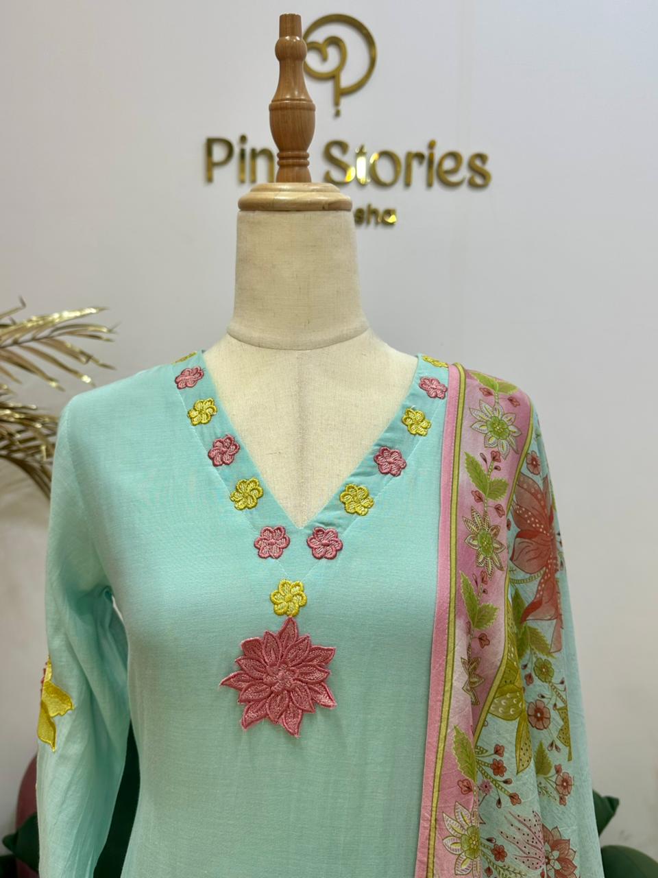 Mul Chanderi Appliqué Work Salwar Suit – Sky Blue