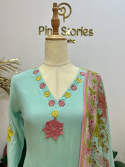Mul Chanderi Appliqué Work Salwar Suit – Sky Blue