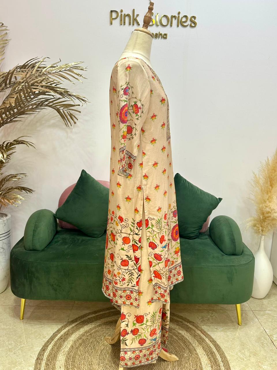 Crepe Silk Digital Print Salwar Suit- Beige Cream