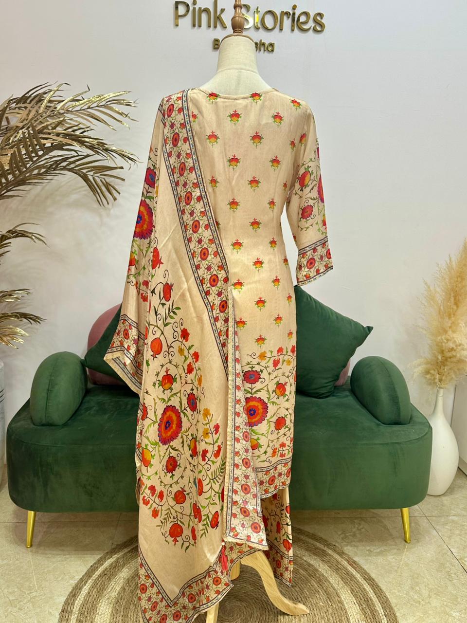 Crepe Silk Digital Print Salwar Suit- Beige Cream