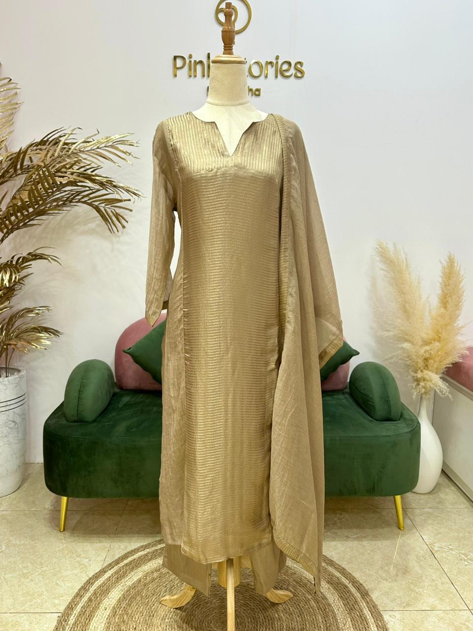 3pc Mul Chanderi Salwar Suit- Copper-Gold