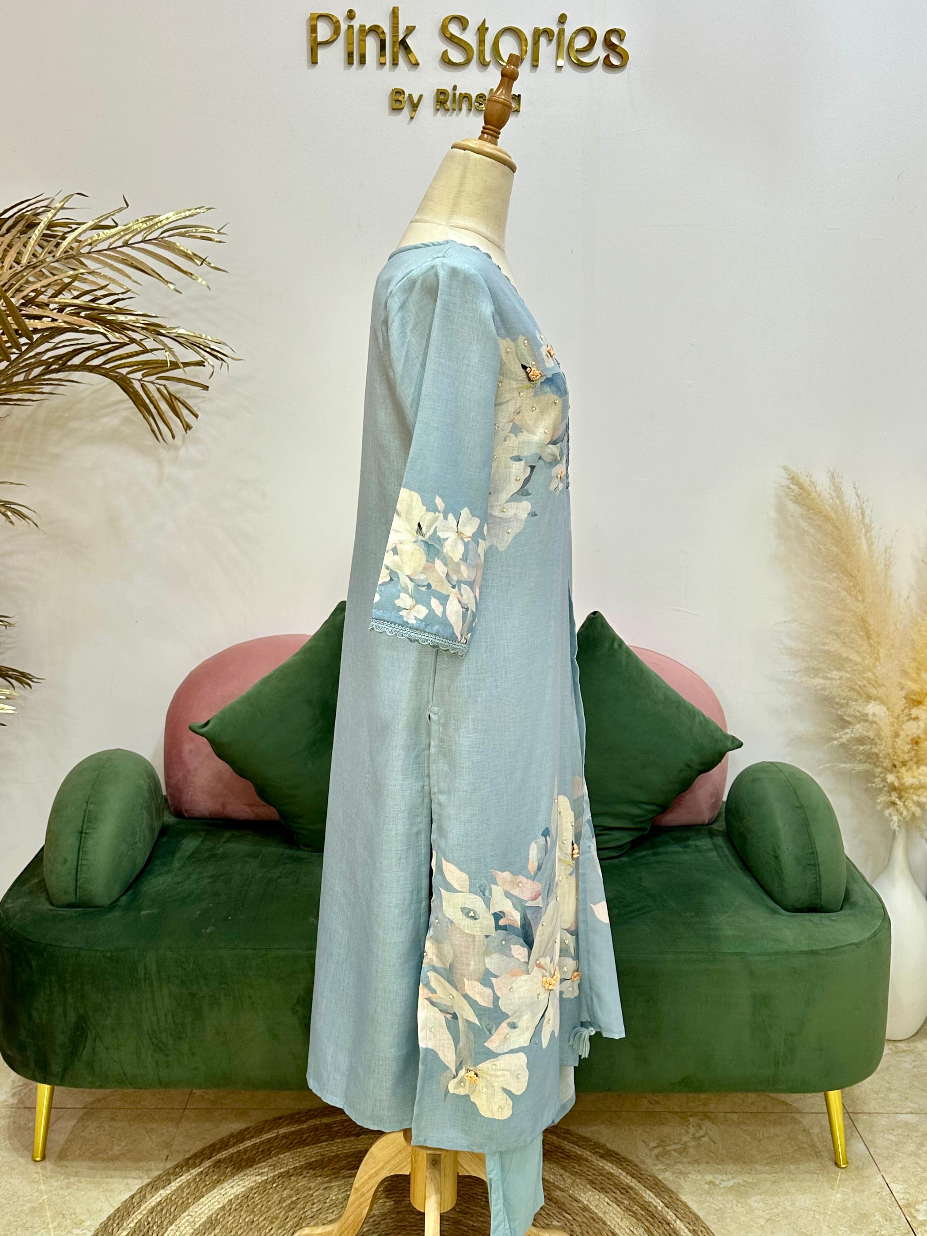 Digital print linen salwar suit- Powder blue