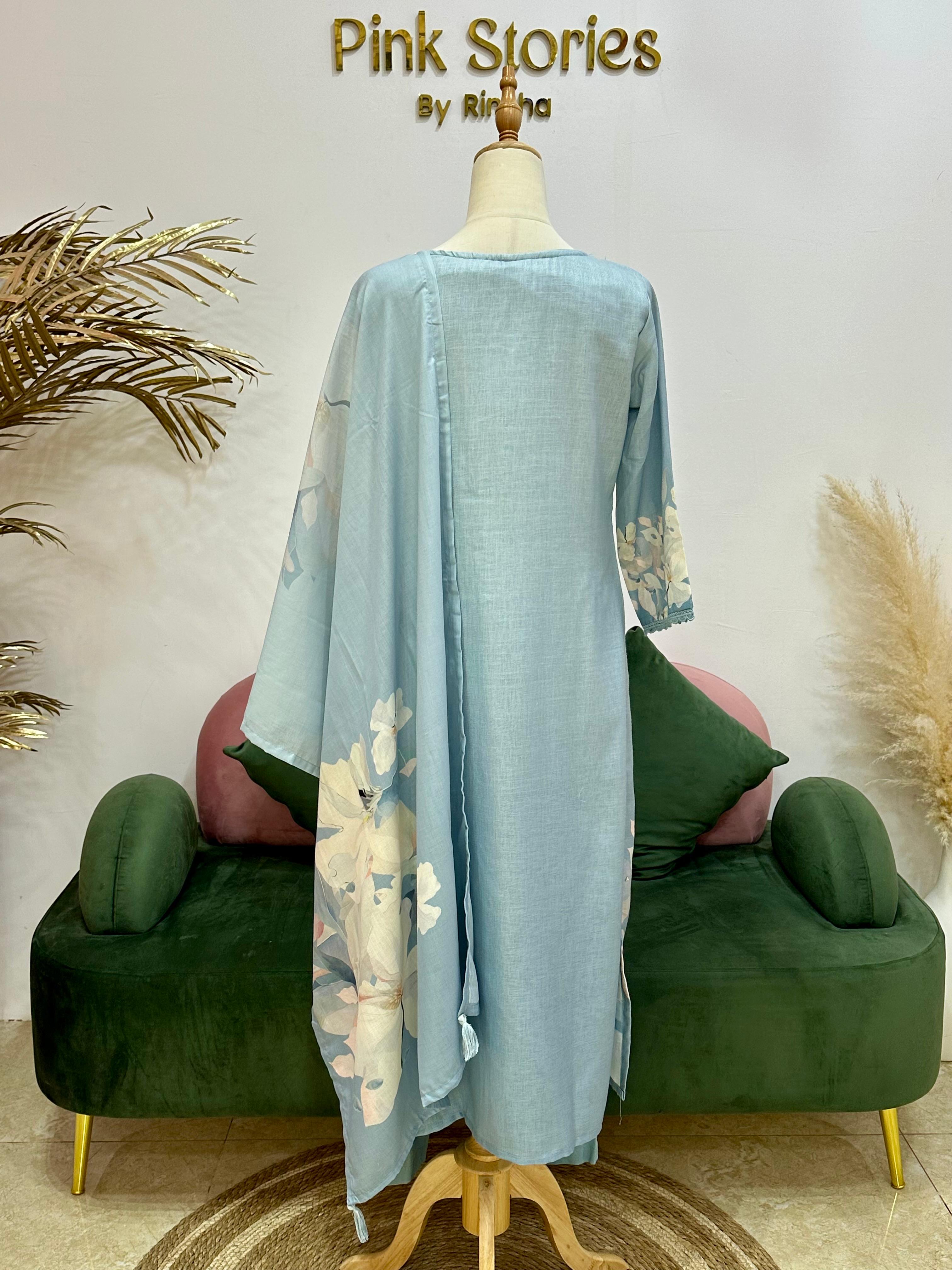 Digital print linen salwar suit- Powder blue