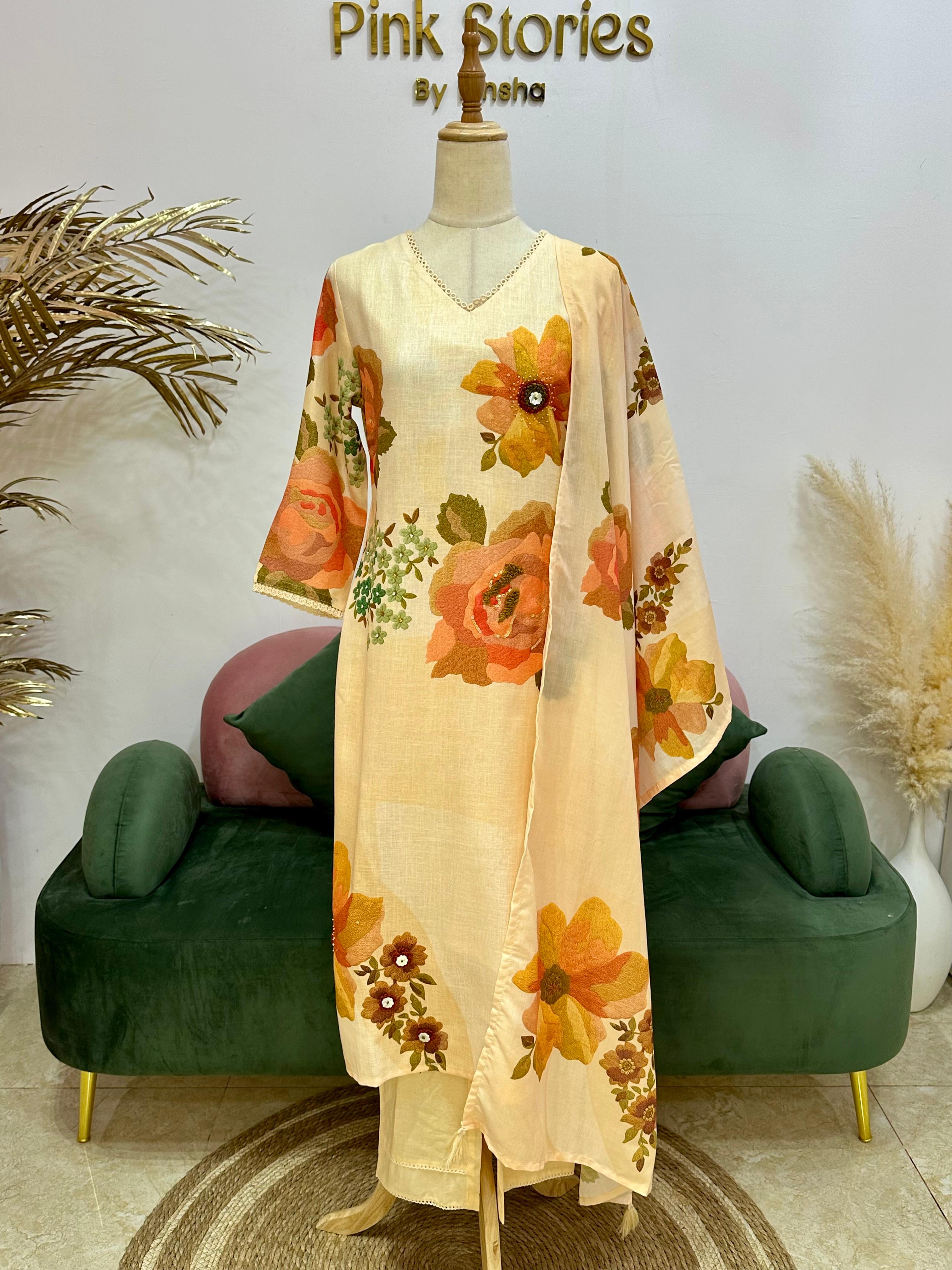 Digital print linen salwar suit- Beige