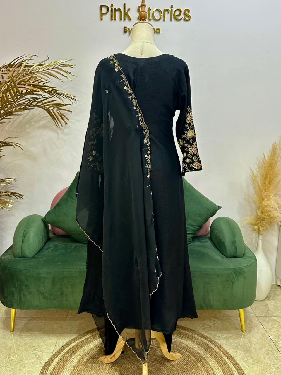 Handworked Raw Silk A-line Suit- Black
