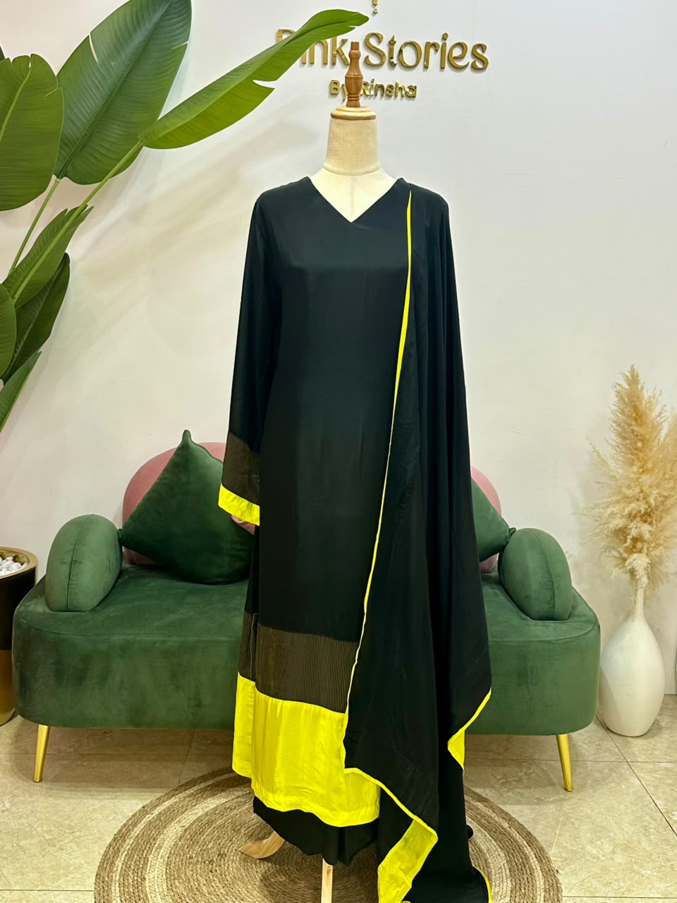 Golden Zari & Fluorescent Yellow Contrast A-Line Suit – Black